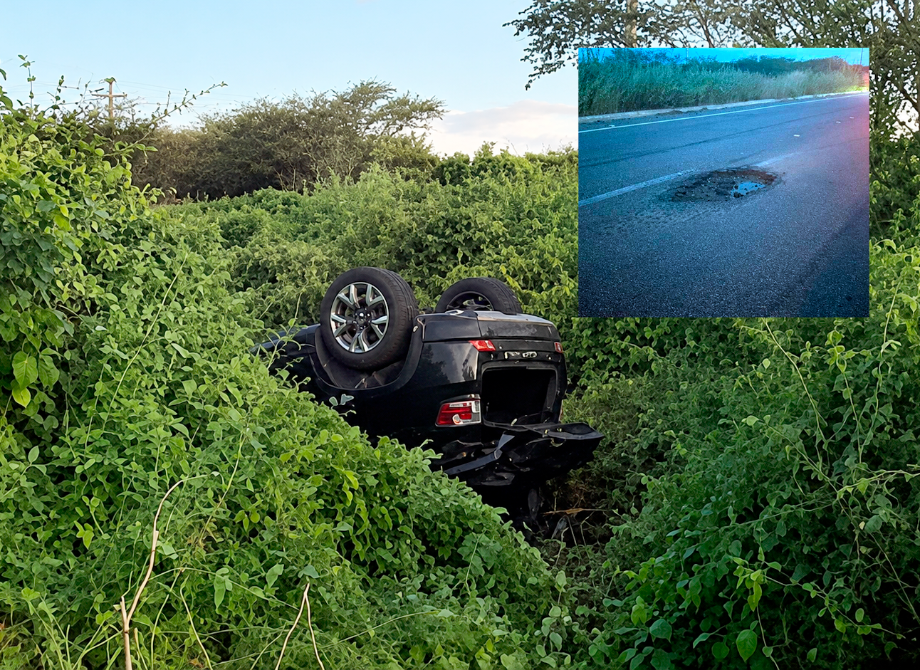 Motorista perde controle após atingir buracos e capota veículo na RN-013 entre Tibau e Mossoró