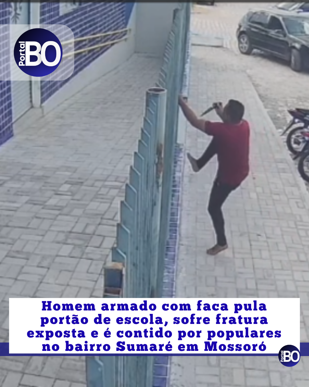 Homem armado com faca pula portão de escola, sofre fratura exposta e é contido por populares no bairro Sumaré em Mossoró