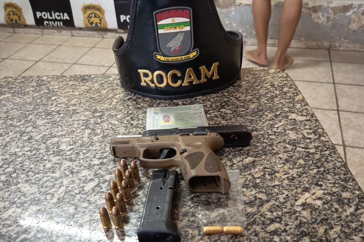 ROCAM apreende pistola 9 mm com suspeito durante patrulhamento no bairro Aeroporto em Mossoró